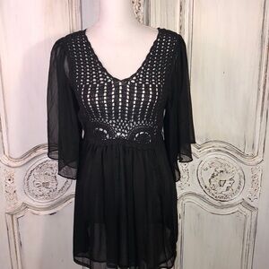 Pinky Sheer and Crocheted Bodice Black Bell Sleeve Mini Dress/Tunic Size S NWT